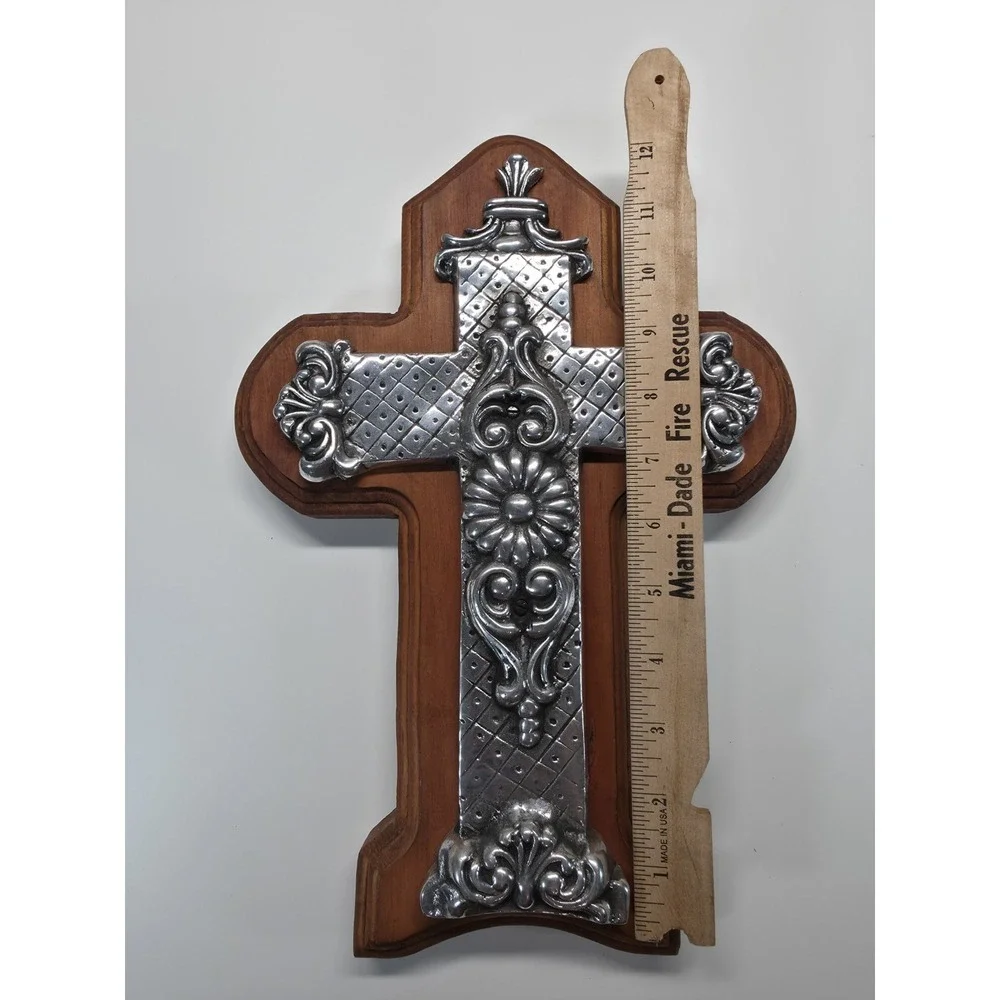 Beautiful Vintage Wood Cross With Silver Cross Overlay Wall Hanging, Stunning